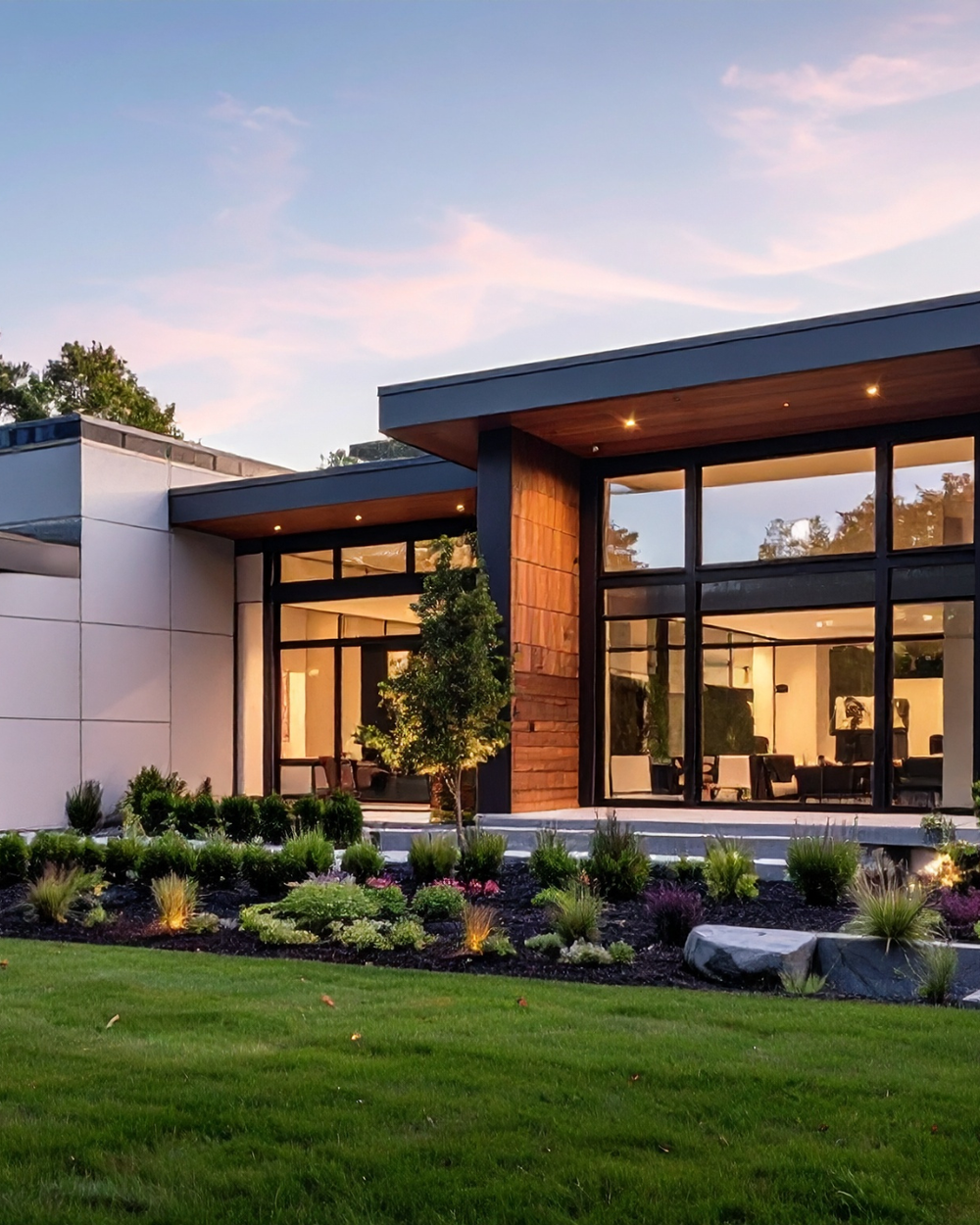 A modern architectural home exterior at dusk with a landscaped garden