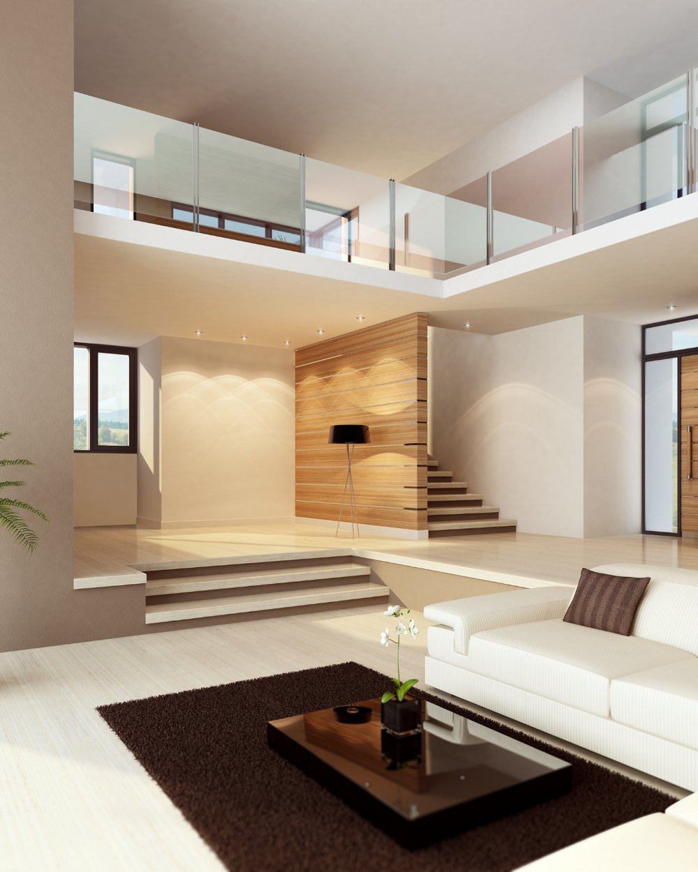 A bright, modern open-plan living room interior
